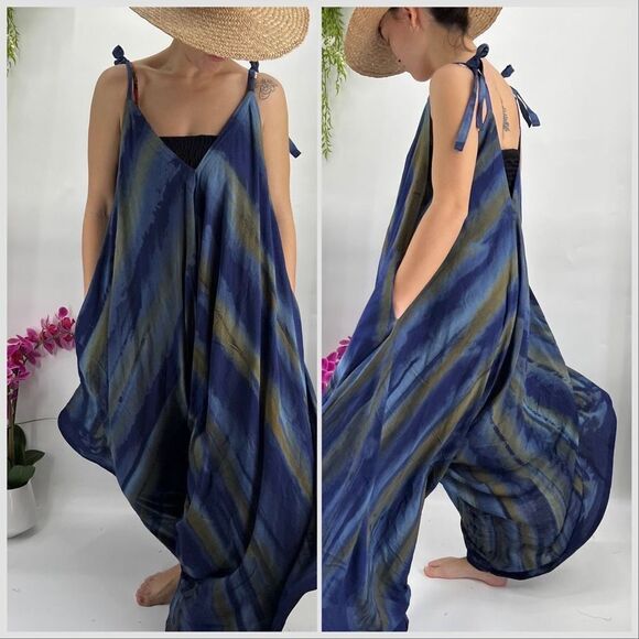 Vintage Aloha 1968 Pants - Pōʻalima Blue Tan Tropical Boho Wide Leg Beach Romper
